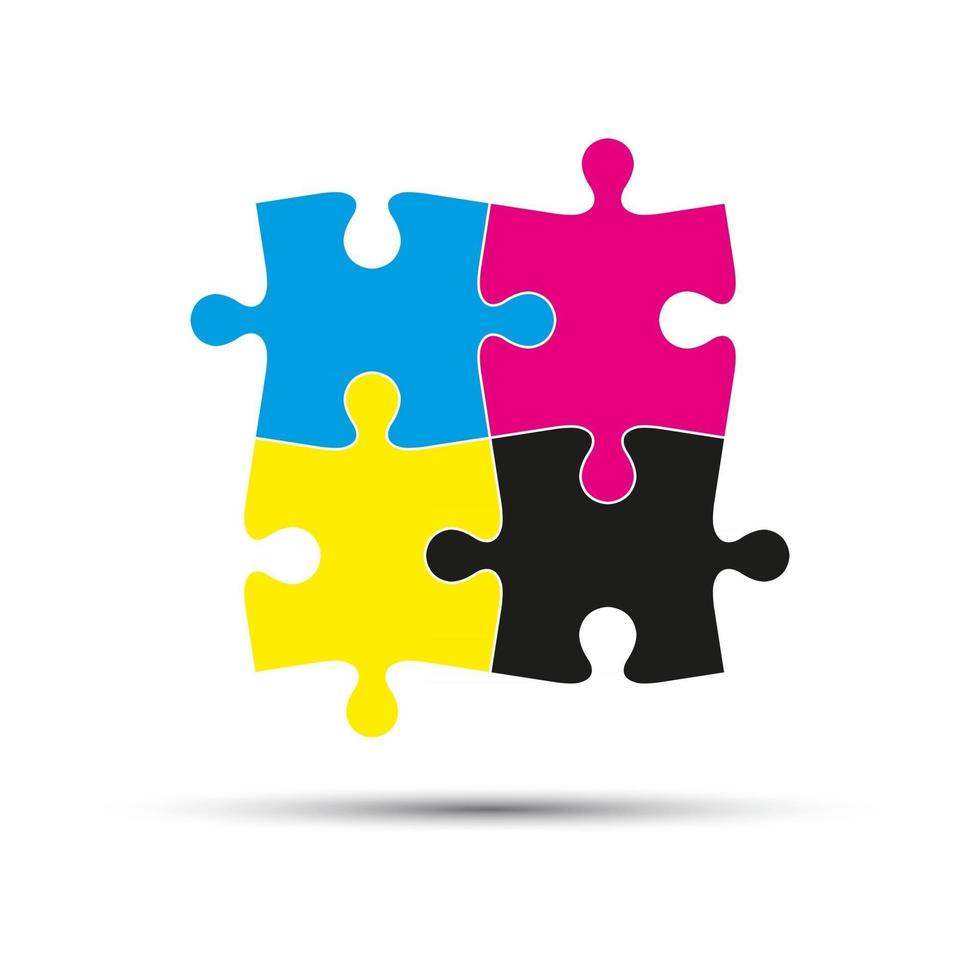 Abstract vector logo quatre pièces du puzzle en couleurs CMJN isolés sur fond blanc