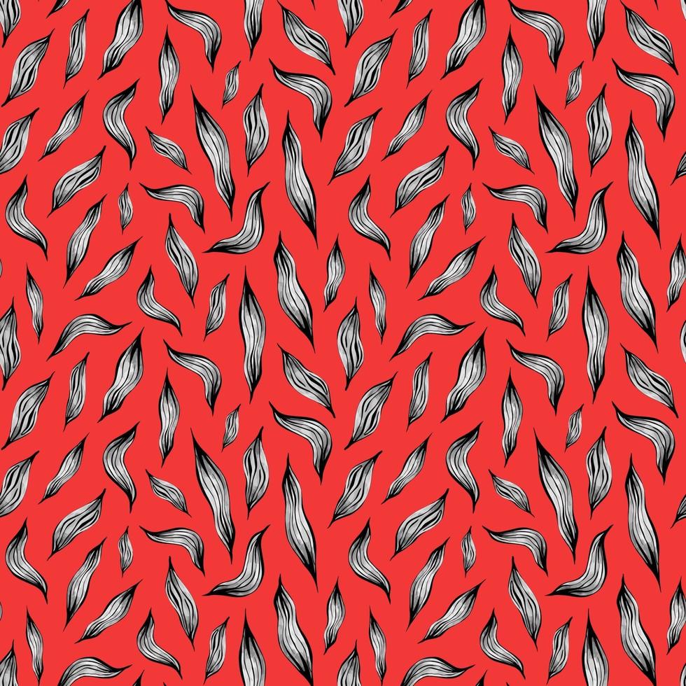 motif de feuilles de plantes grises sur fond rouge. modèle sans couture botanique avec des feuilles dessinées à la main. conception pour tissu, papier peint, textiles, emballages, arrière-plans. vecteur