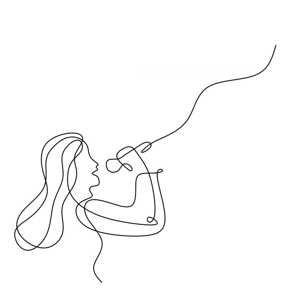 une ligne continue de chanteuse utilise un microphone chanteuse aux cheveux longs dans un style de ligne unique isolé sur fond blanc vecteur
