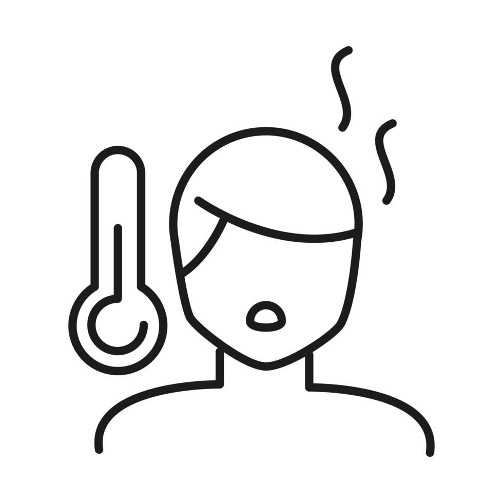 homme avatar avec fièvre et thermomètre ligne style icône vector design