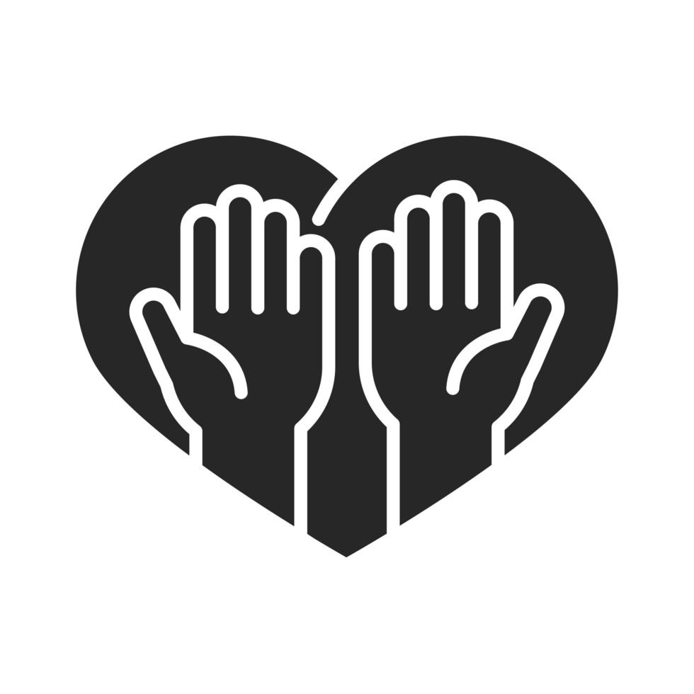 don de charité bénévole aide sociale mains dans l'icône de style silhouette coeur vecteur