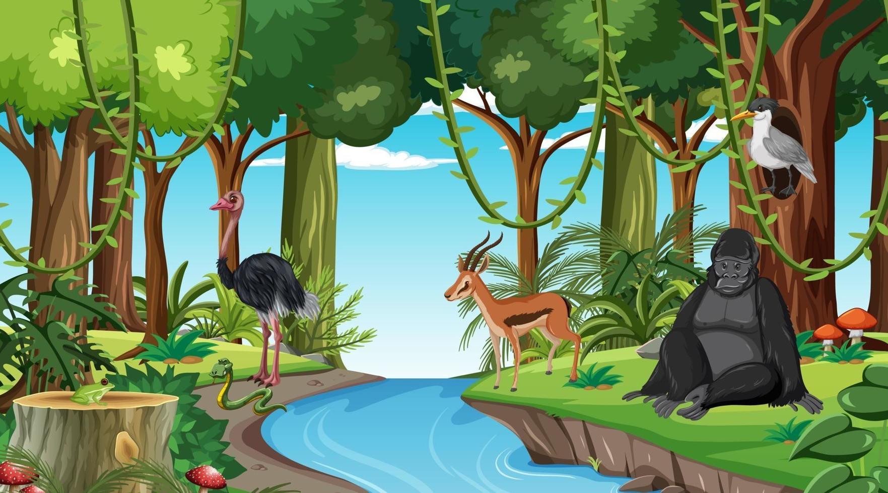 scène de forêt avec différents animaux sauvages vecteur
