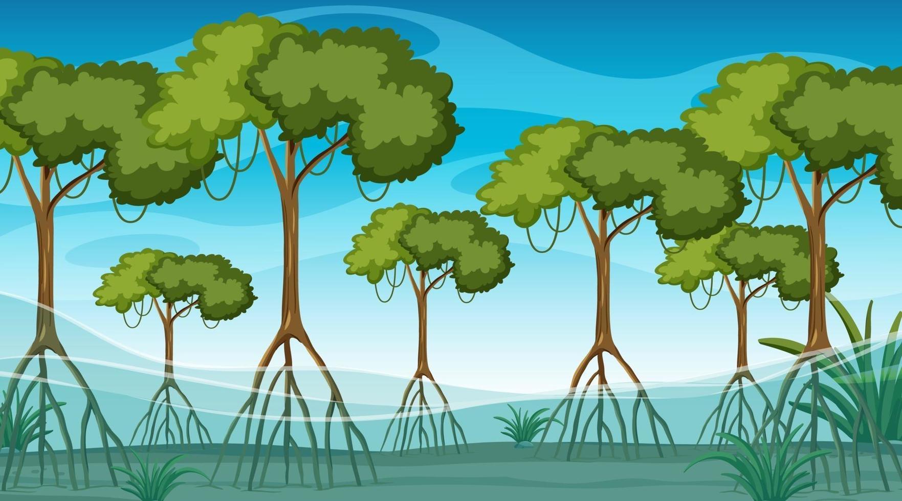scène de nature avec forêt de mangrove pendant la journée en style cartoon vecteur