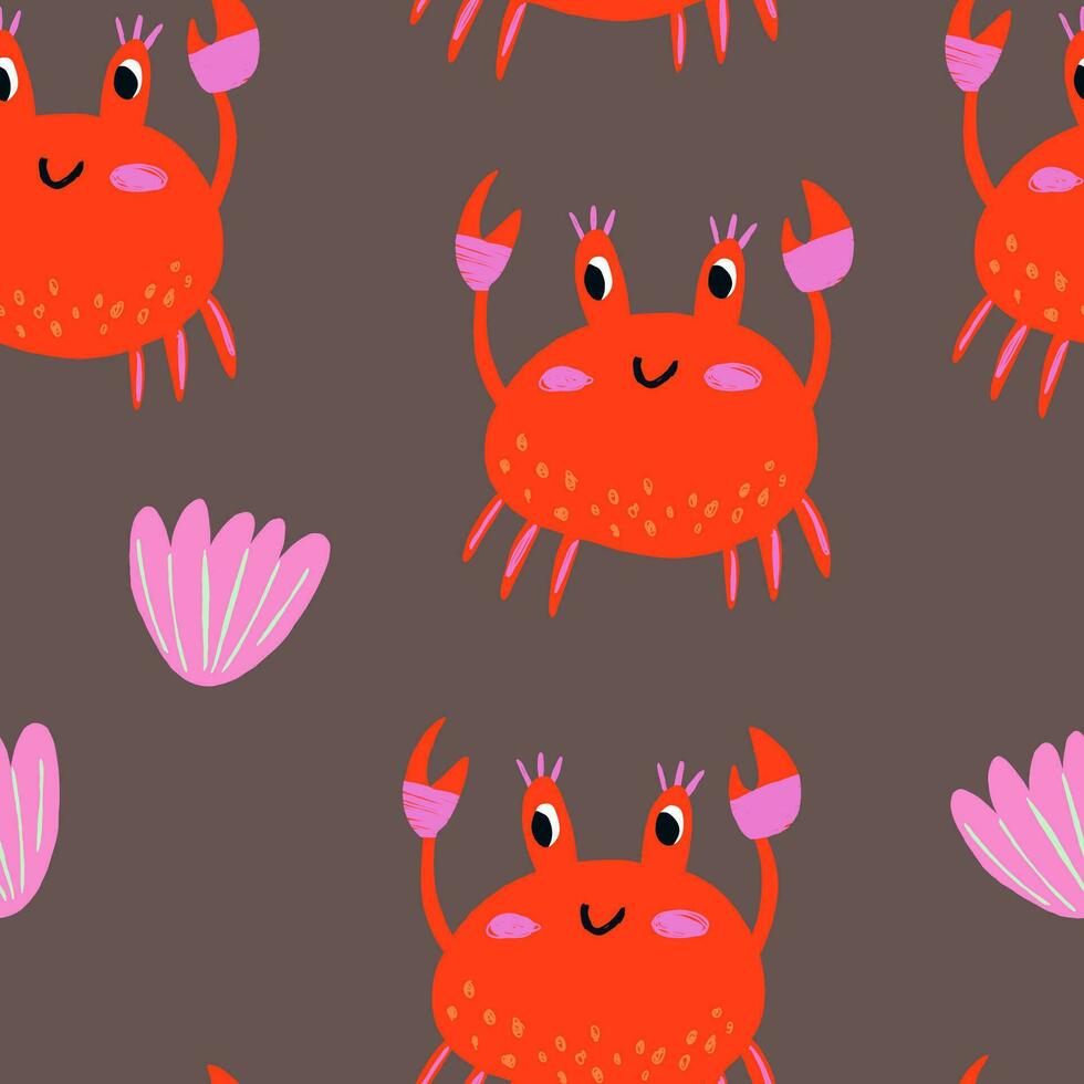 vecteur sans couture enfants modèle avec coloré Crabes, coquilles et étoile de mer sur une blanc Contexte. adapté pour bébé impressions, garderie décor, fond d'écran, emballage papier, papeterie, scrapbooking