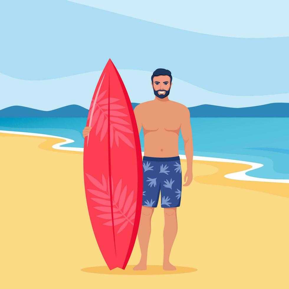 Jeune homme surfeur avec planche de surf permanent sur le plage. souriant surfeur gars. vecteur illustration.