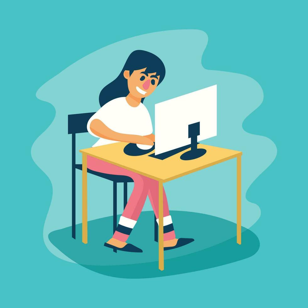 femelle étudiant en train d'étudier sur sa ordinateur personnage plat illustration fond vecteur