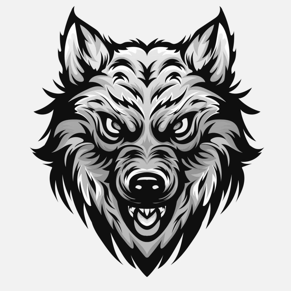 tête féroce Loup agressif rugissement, contour silhouette sur une noir Contexte pour tatouages et T-shirt conception vecteur