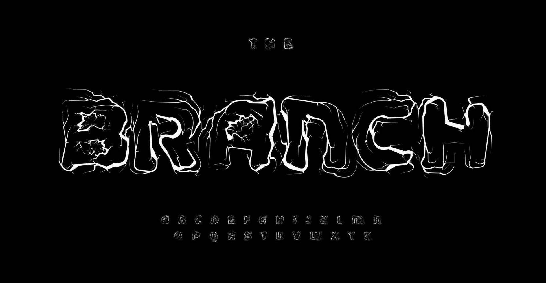 branche ou racine style alphabet, fissure ou foudre des lettres, rivière ou veines Police de caractère pour Halloween logo, effrayant gros titre, psychopathe typographie, Jeu faute de frappe graphique. vecteur typographique conception