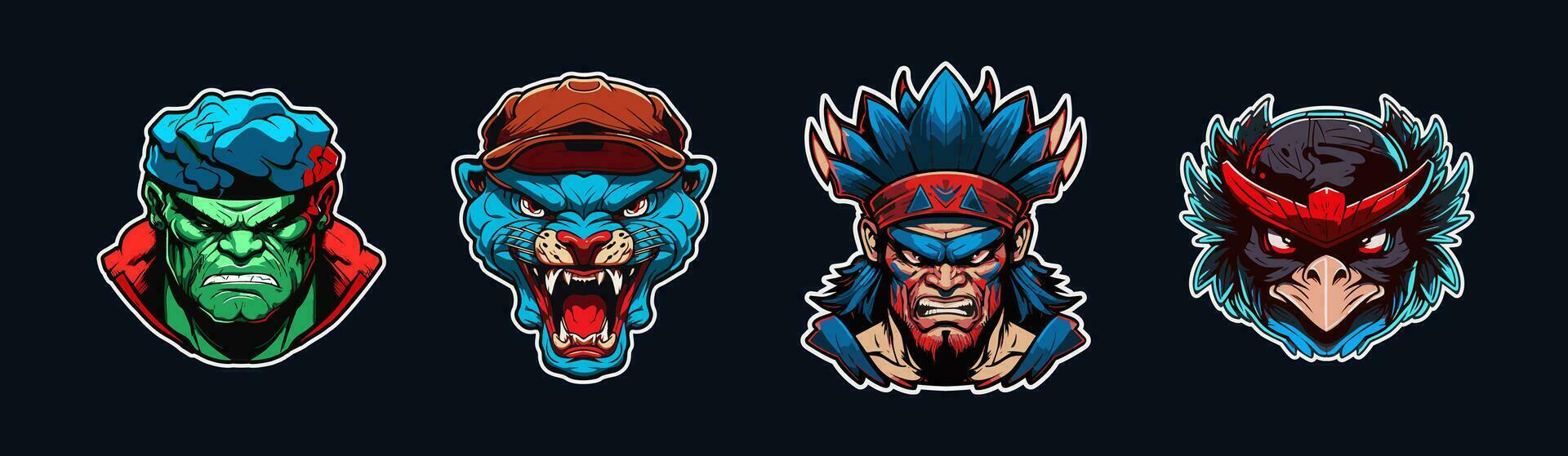 dessin animé animal diriger, rouge et bleu sport logo collection avec blanc souligné. en colère visage de ponton, jaguar, guerrier, et corbeau personnages. sport équipe mascotte ensemble. vecteur illustration