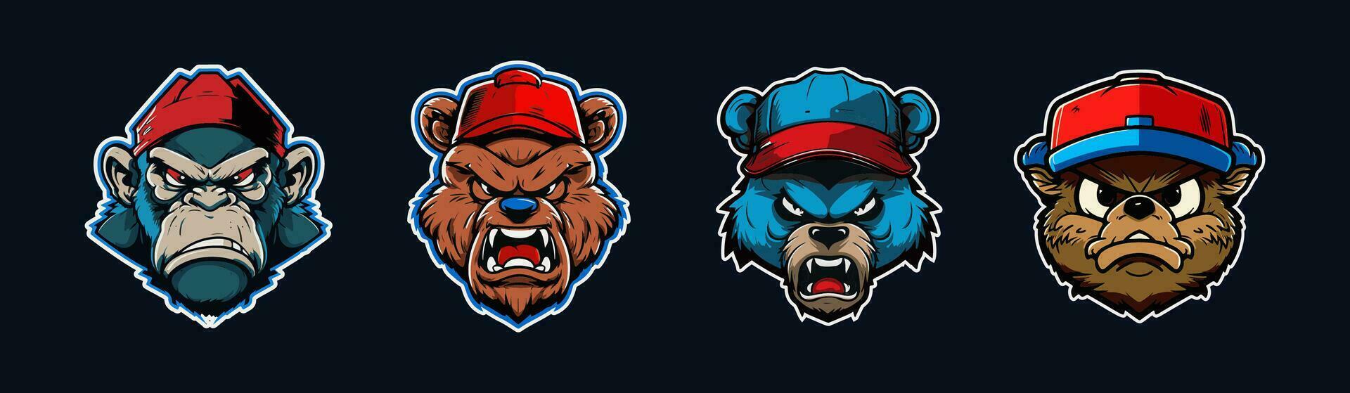 dessin animé animal diriger, rouge et bleu sport logo collection avec blanc souligné. en colère visage de gorille, grisonnant, ours et castor personnages. sport équipe mascotte ensemble. vecteur illustration