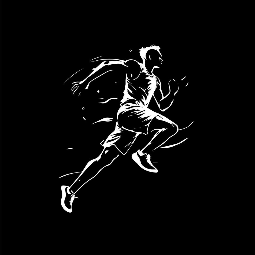 blanc icône de coureur silhouette sur noir arrière-plan, sport logo modèle, le jogging ou sauter moderne logotype concept, t-shirts imprimer, tatouage, infographie. vecteur illustration