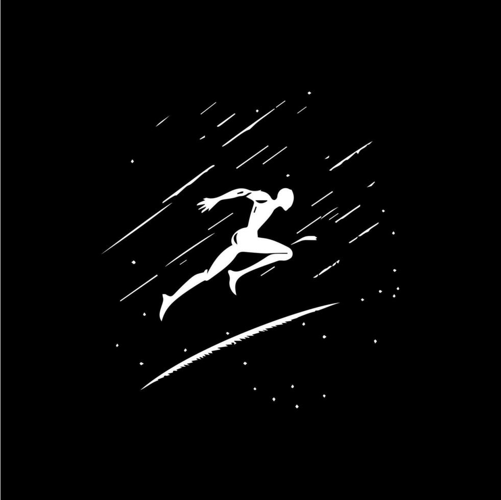 blanc icône de coureur silhouette sur noir arrière-plan, sport logo modèle, le jogging ou sauter moderne logotype concept, t-shirts imprimer, tatouage, infographie. vecteur illustration
