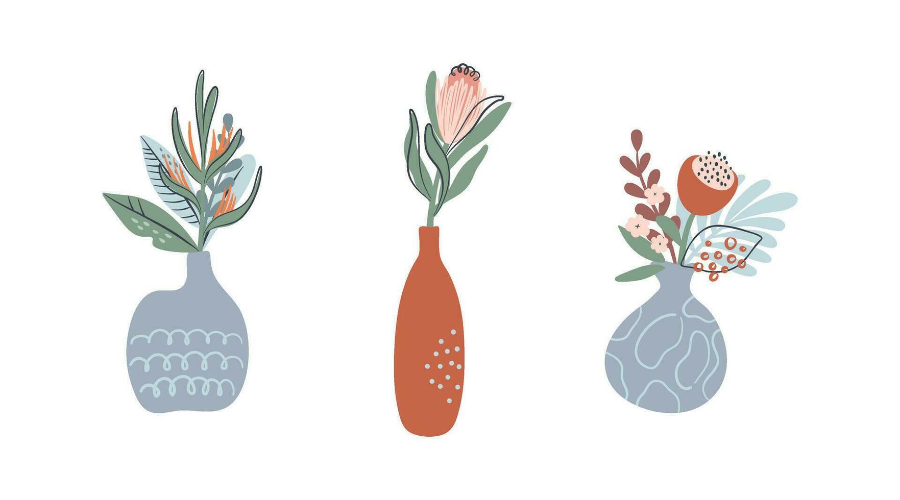 ensemble de des vases avec tropical fleurs. boho botanique compositions. abstrait minimaliste floral bouquets pour imprimer, affiche, mur décor, cartes. main tiré vecteur illustrations.