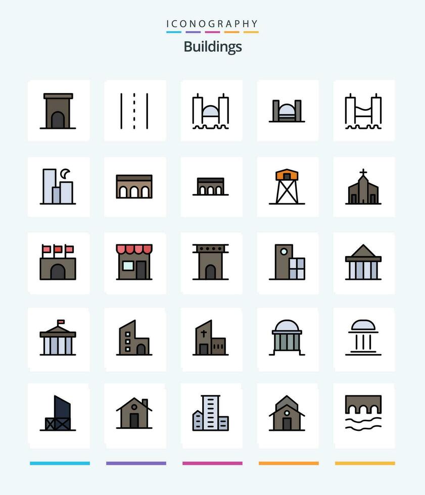 Créatif bâtiments 25 ligne rempli icône pack tel comme lune. ville. chemin. rivière. port vecteur