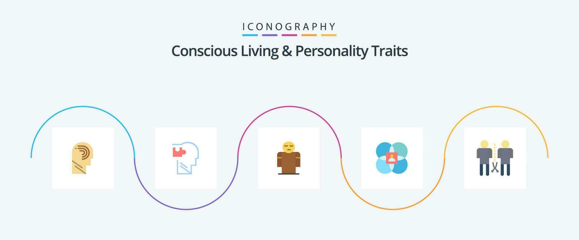 conscient vivant et personnalité traits plat 5 icône pack comprenant modèle. caractéristiques. puzzle. personnage. ouvert vecteur
