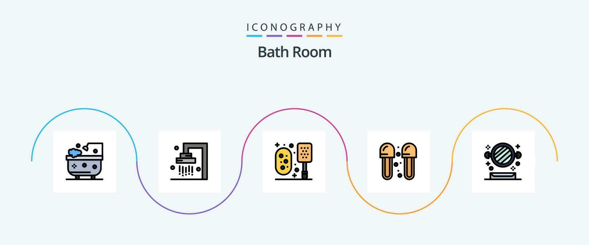 une baignoire pièce ligne rempli plat 5 icône pack comprenant . étagère. bain. miroir. chaussons vecteur