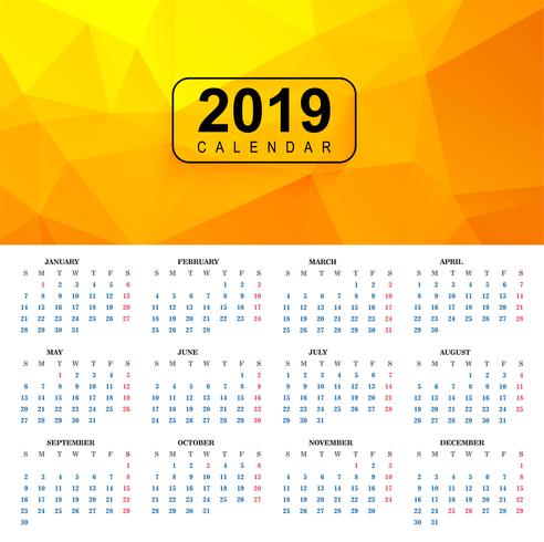 Beau modèle de calendrier coloré 2019 avec motif de polygone vecteur