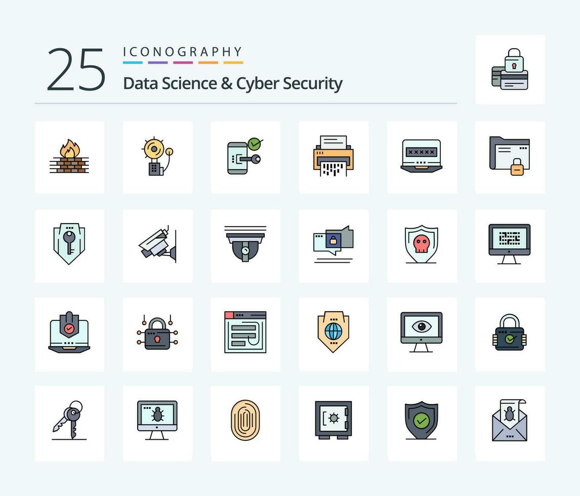 Les données science et cyber Sécurité 25 ligne rempli icône pack comprenant données. sécurité. Feu. téléphone. mobile vecteur