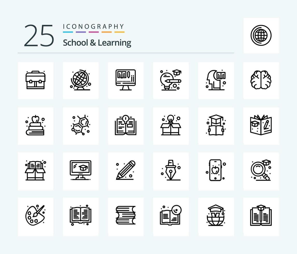 école et apprentissage 25 ligne icône pack comprenant livre. connaissance. éducation. hémisphère. cerveau vecteur