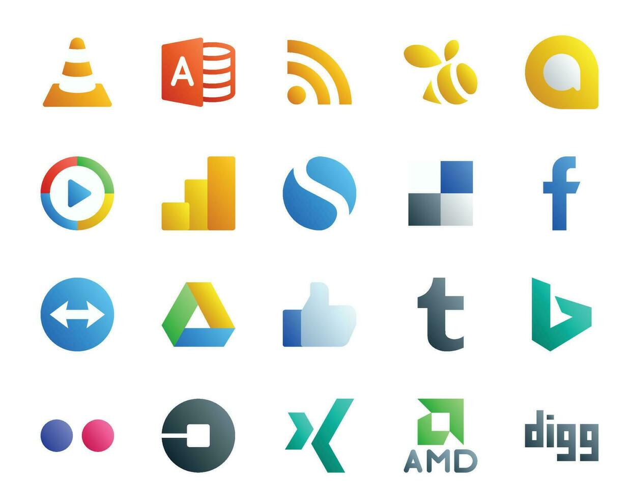20 social médias icône pack comprenant bing comme vidéo Google conduire Facebook vecteur