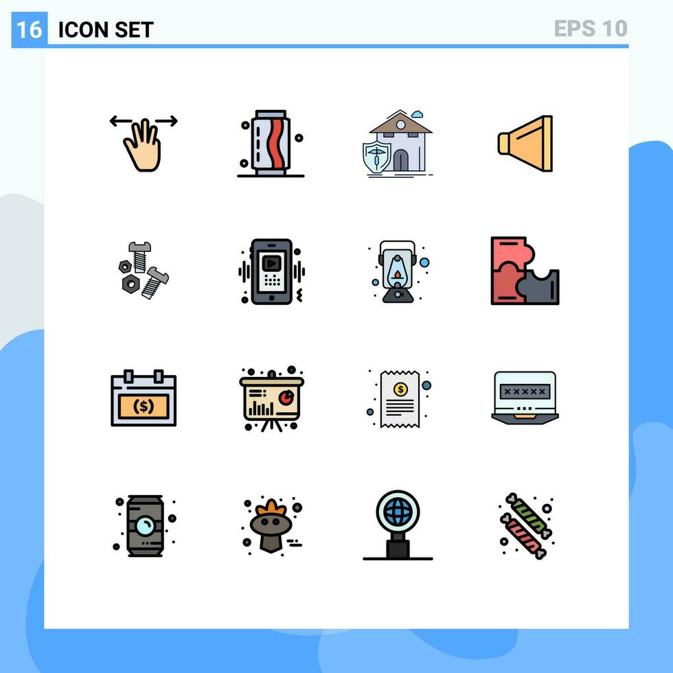 16 thématique vecteur plat Couleur rempli lignes et modifiable symboles de boulon orateur un soda du son victime modifiable Créatif vecteur conception éléments