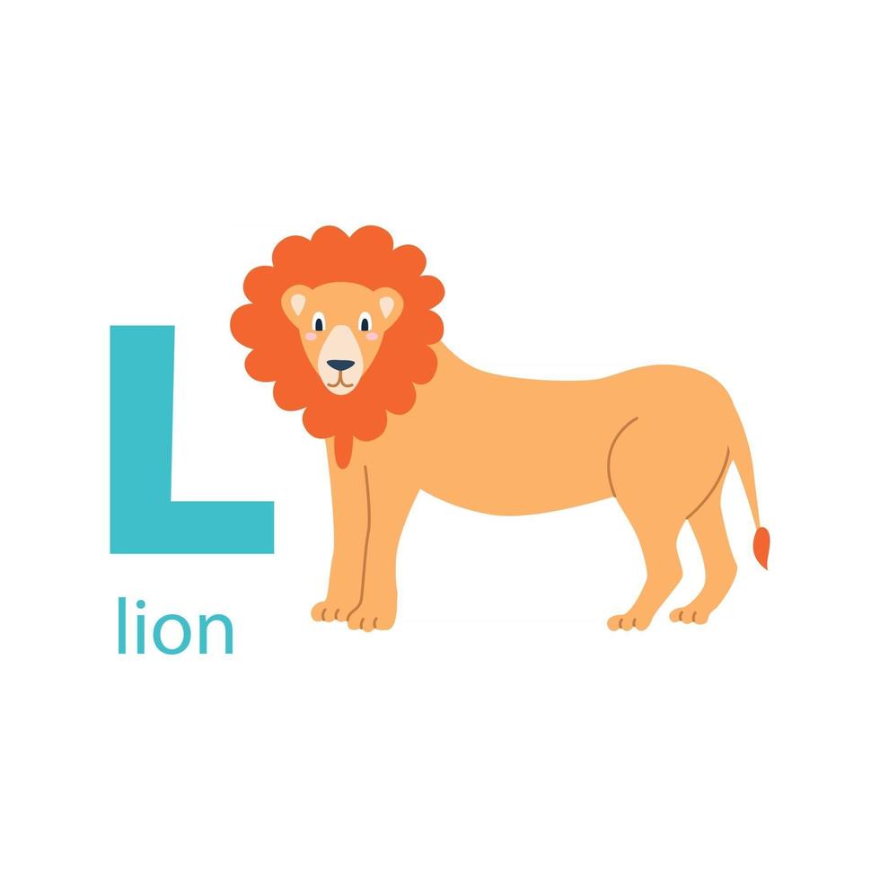 jolie carte de lion. alphabet avec des animaux. design coloré pour enseigner l'alphabet aux enfants, apprendre l'anglais. illustration vectorielle dans un style cartoon plat sur fond blanc vecteur