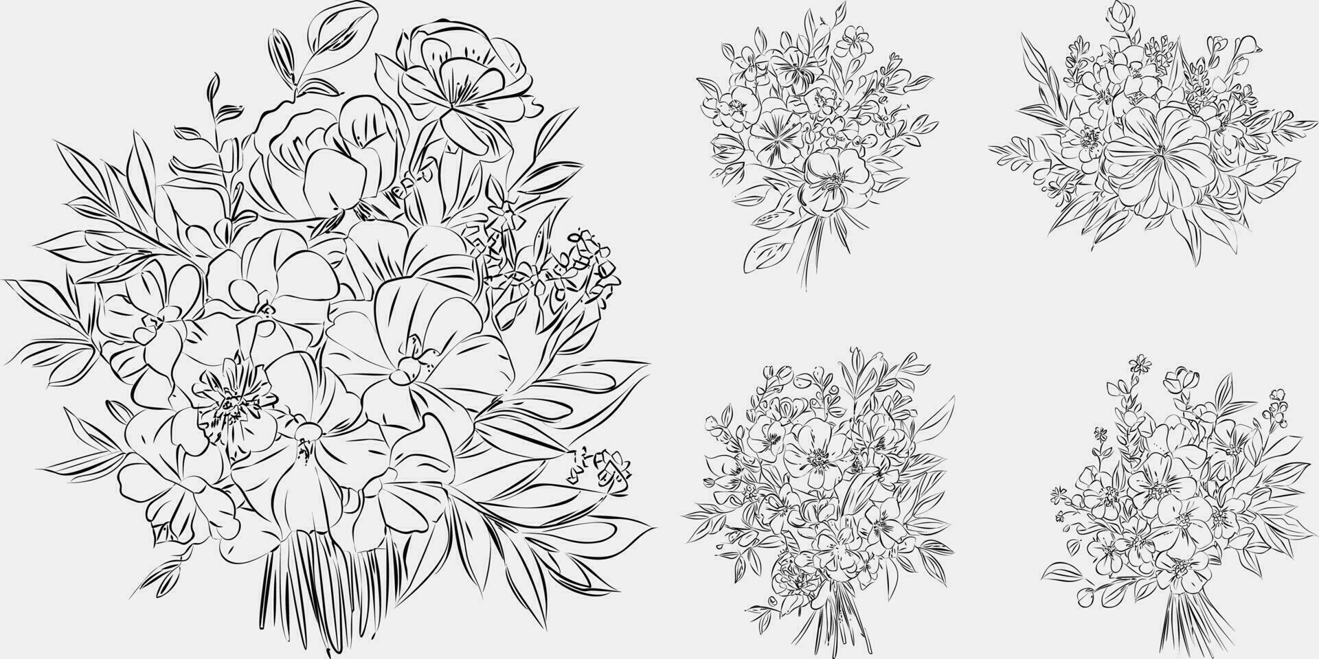 fleur bouquet ligne art, noir et blanc floral ensemble collection paquet dessiné à la main, bifurquer, feuillage, feuille minimal antique rétro contemporain encre dessin pour décor mariage invitation et affiche carte. vecteur