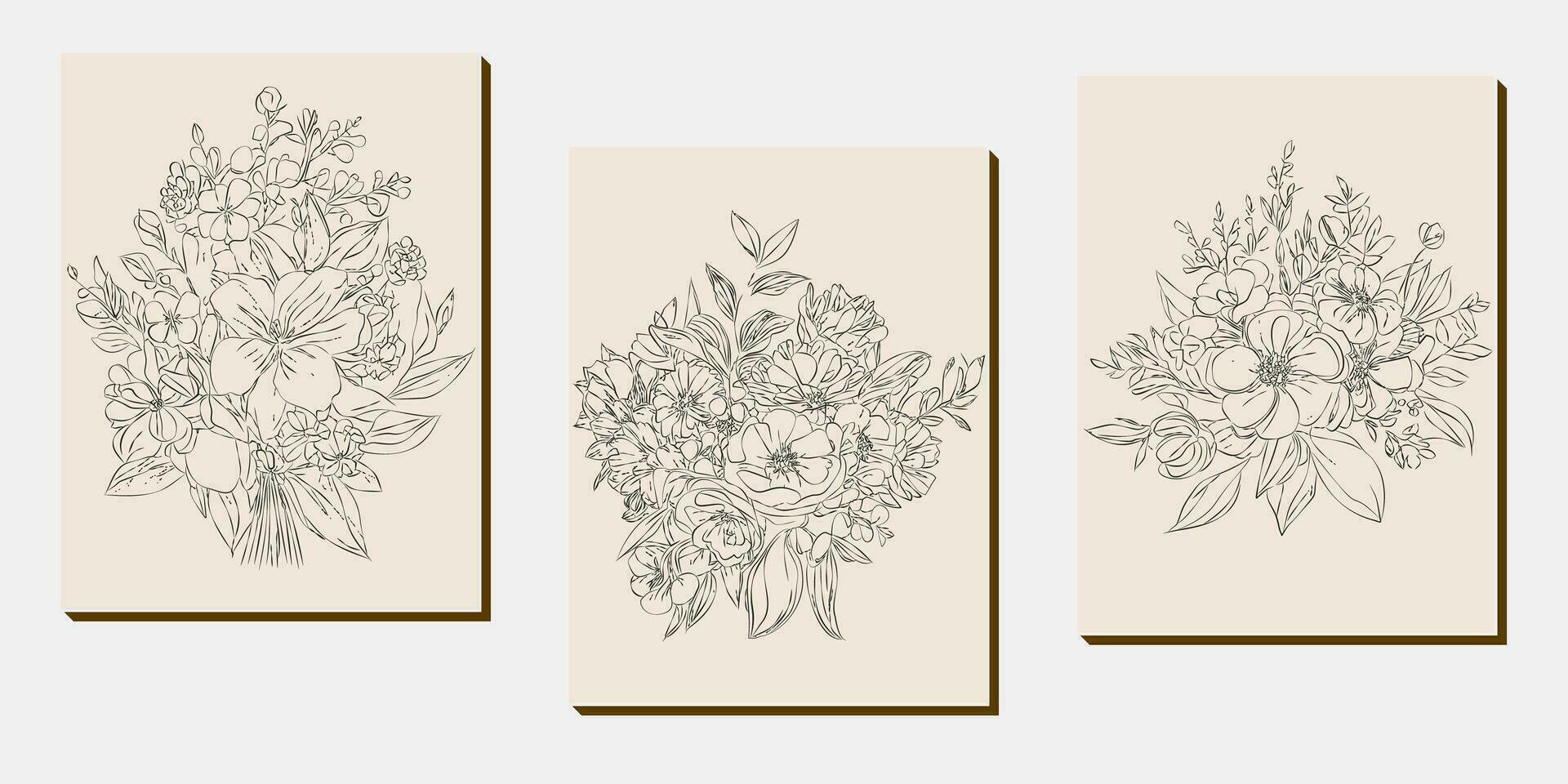 fleur bouquet ligne art, noir et blanc floral ensemble collection paquet dessiné à la main, bifurquer, feuillage, feuille minimal antique rétro contemporain encre dessin pour décor mariage invitation et affiche carte vecteur