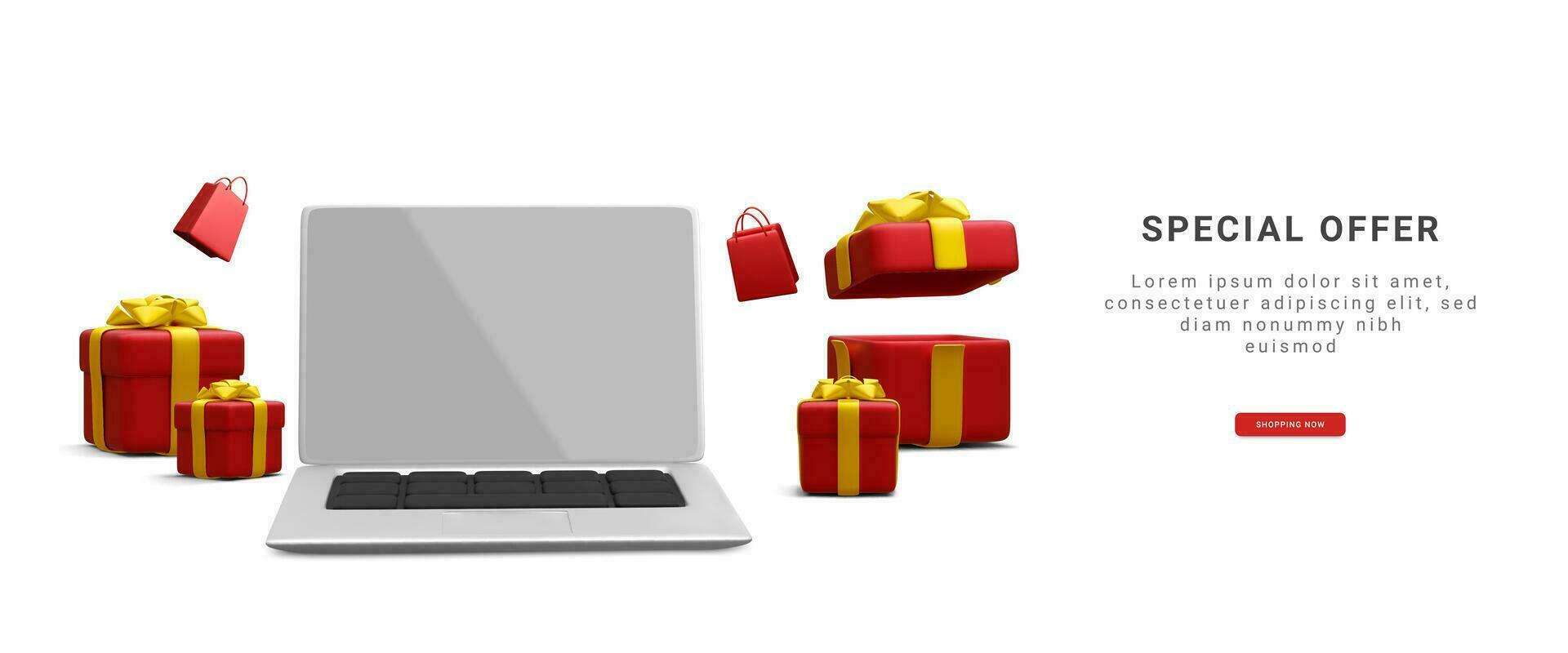 3d réaliste bannière pour en ligne achats dans votre boutique avec ordinateur portable, achats sac et cadeau boîte isolé sur blanc Contexte. vecteur illustration