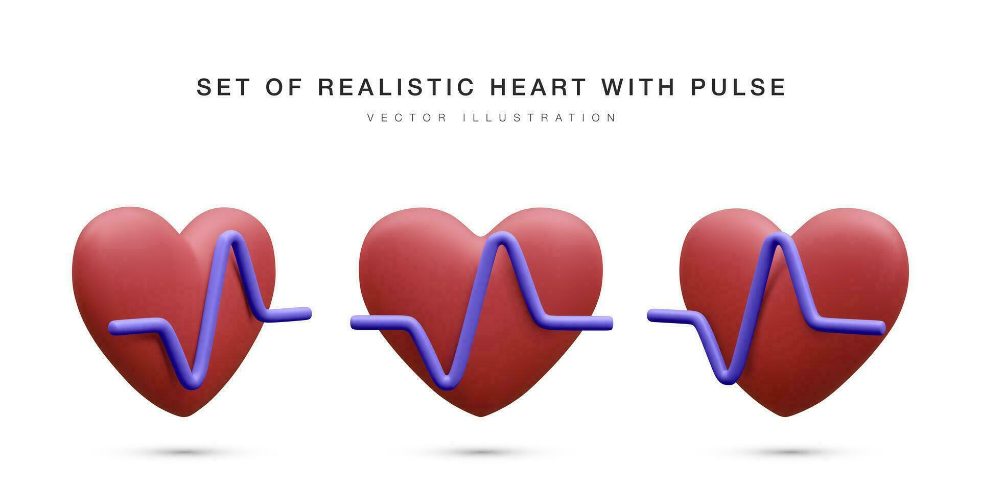 ensemble de 3d réaliste rouge cœur avec bleu impulsion pour médical applications et sites Internet. médical soins de santé concept. cœur impulsion, battement de coeur doubler, cardiogramme. vecteur illustration
