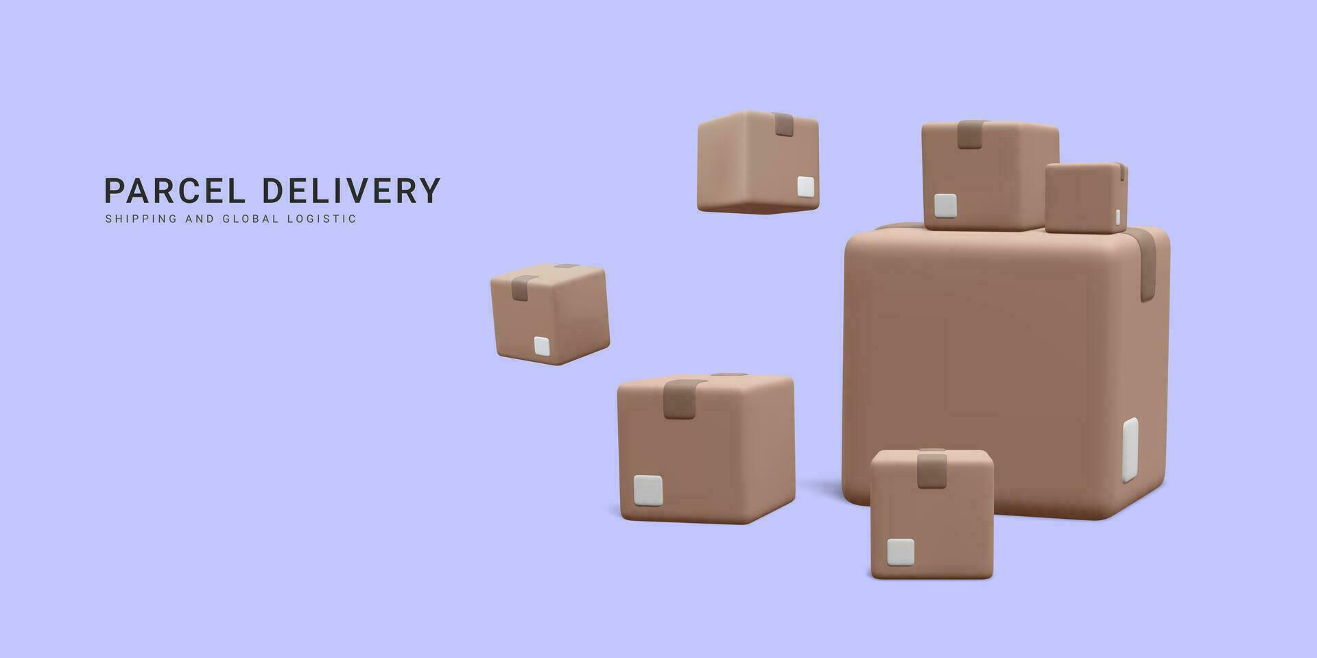 3d réaliste pile de papier carton des boites pour vite livraison bannière. concept pour vite livraison service. vecteur illustration