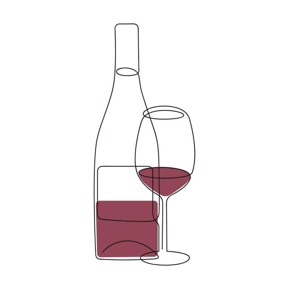 bouteille et du vin verre tiré dans un continu ligne dans couleur. un ligne dessin, minimalisme. vecteur illustration.