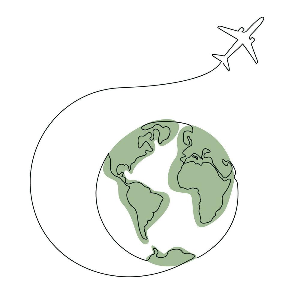 avion en volant autour Terre tiré dans un continu ligne avec Couleur place. un ligne dessin, minimalisme. vecteur illustration.