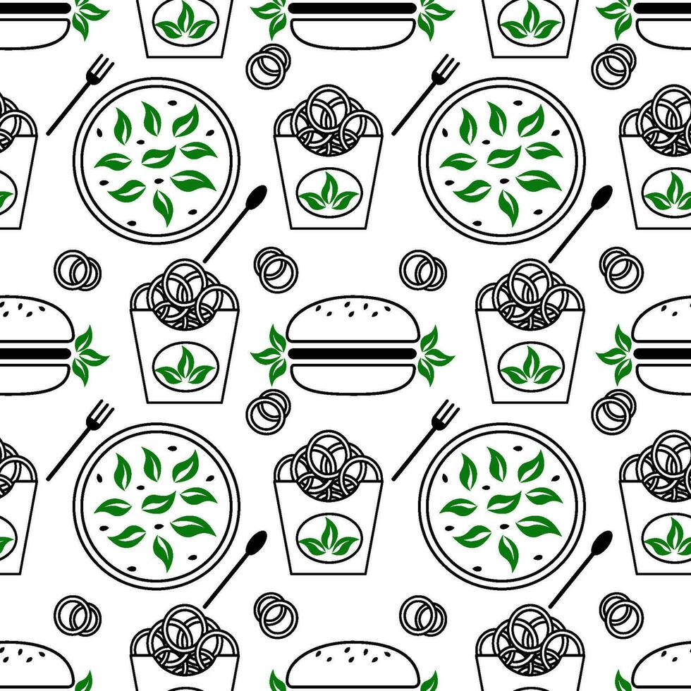 vecteur modèle représentant vite nourriture, hamburger, oignon anneaux, crevette, salade. une ensemble de vite nourriture dessins sur une blanc Contexte. idéal pour menu conception ou nourriture emballage.