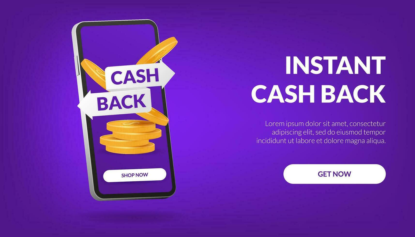 instant remise en argent, la toile bannière concept sur une mobile application. idéal pour bannières, promotions, et en ligne entreprises. illustration de une téléphone intelligent symbolisant pratique et sécurise cashback transactions. vecteur