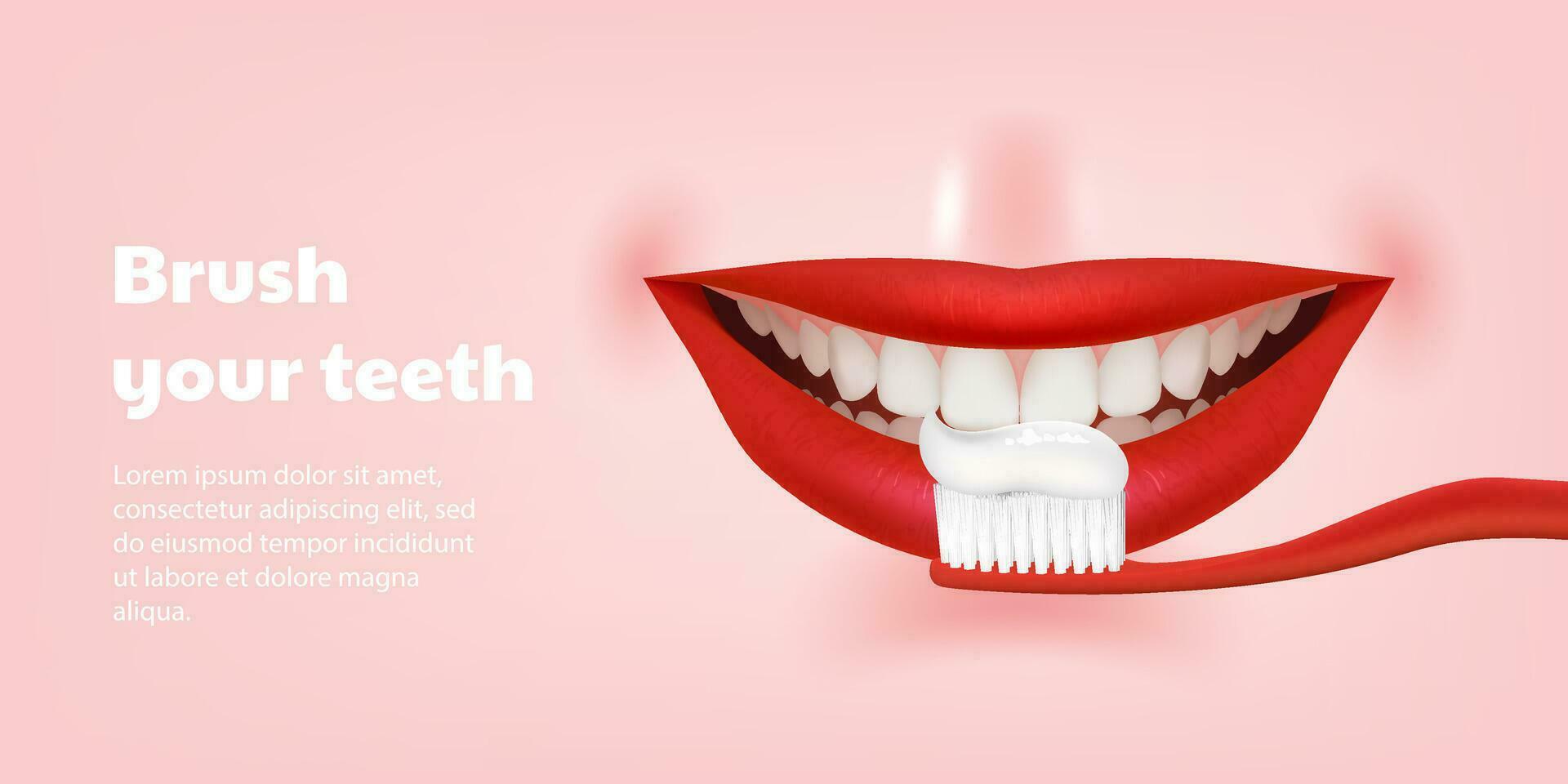 magnifique 3d illustration pour une médicament bannière avec une rouge brosse à dents brossage réaliste les dents avec une brillant sourire. favorise dentaire se soucier, hygiène, et les dents blanchiment. pour dentaire cliniques vecteur