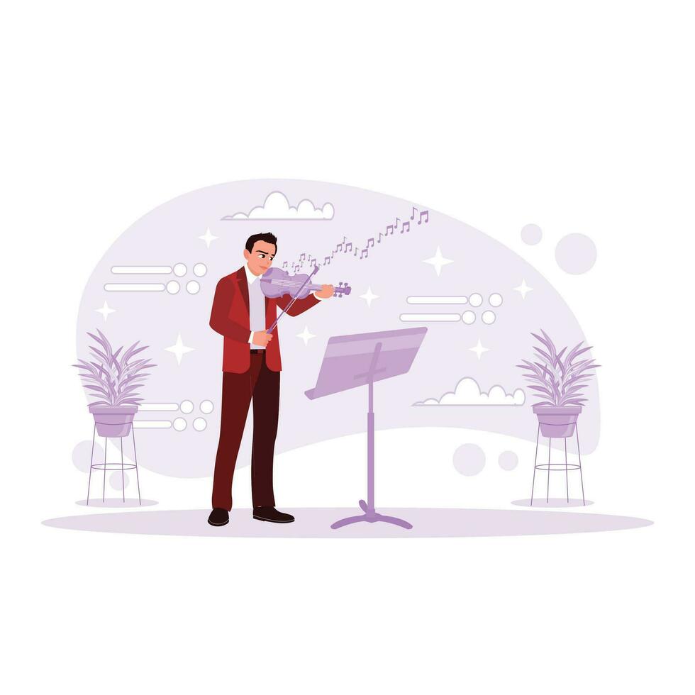 le Beau Jeune homme dans une formel costume joué le violon sur une magnifique classique instrument. tendance moderne vecteur plat illustration.