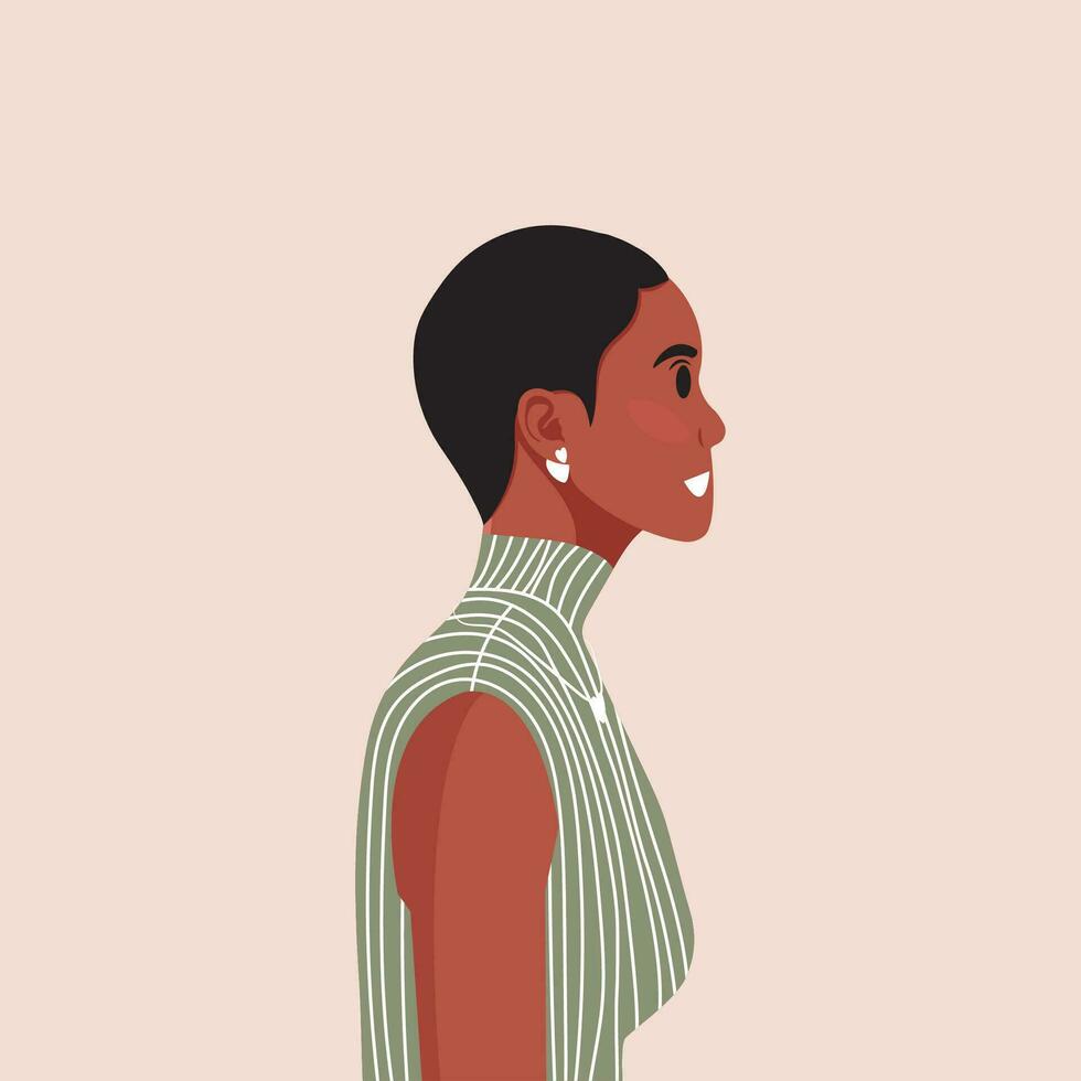 Jeune magnifique africain américain femme profil portrait. femelle la personne avec marron peau et frisé cheveux. vecteur illustration