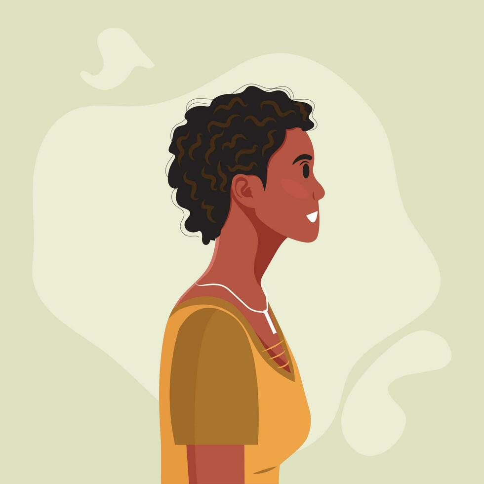 Jeune magnifique africain américain femme profil portrait. femelle la personne avec marron peau et frisé cheveux. vecteur illustration