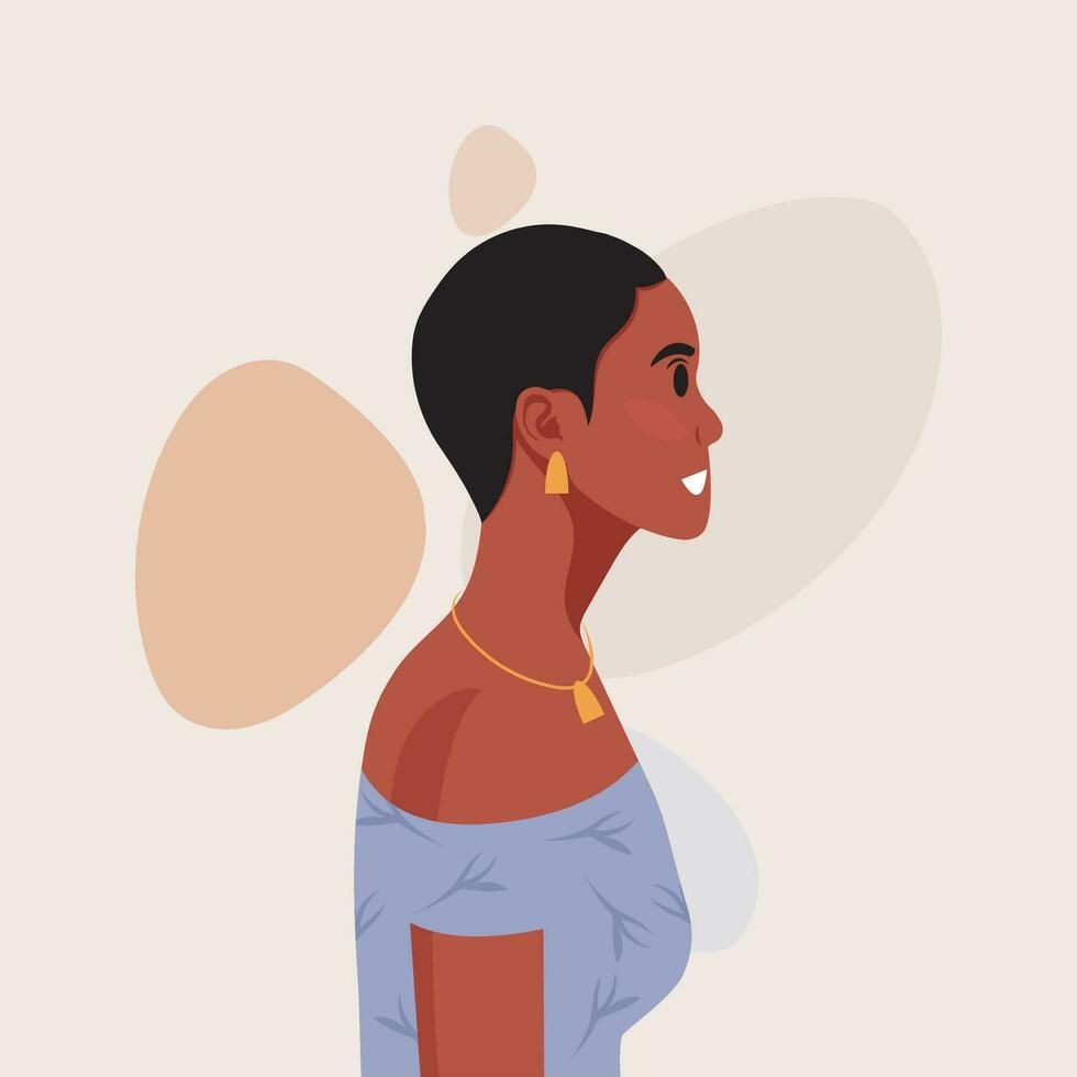 Jeune magnifique africain américain femme profil portrait. femelle la personne avec marron peau et frisé cheveux. vecteur illustration