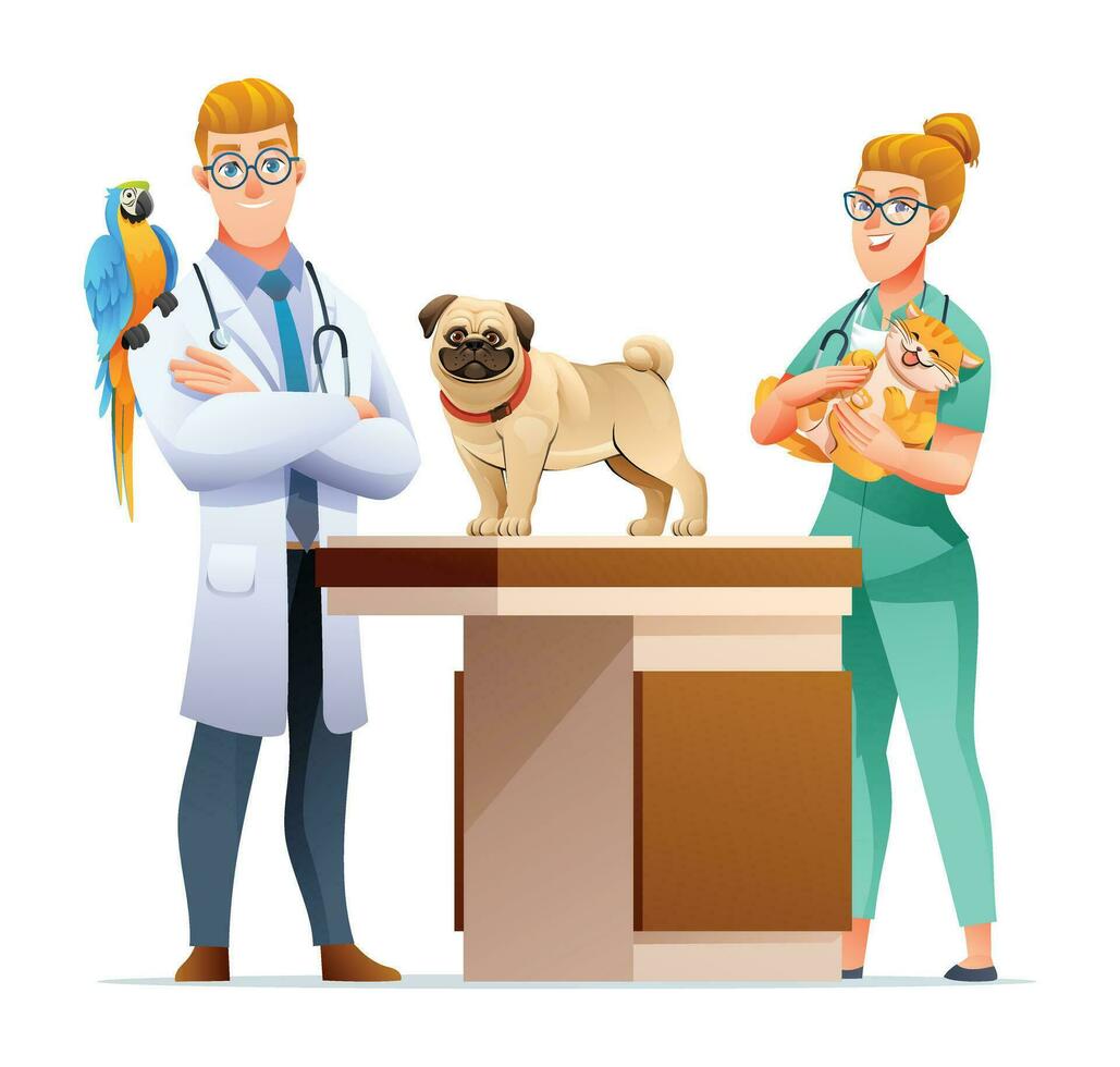 homme et femme vétérinaires avec chien, chat et perroquet oiseau vecteur illustration