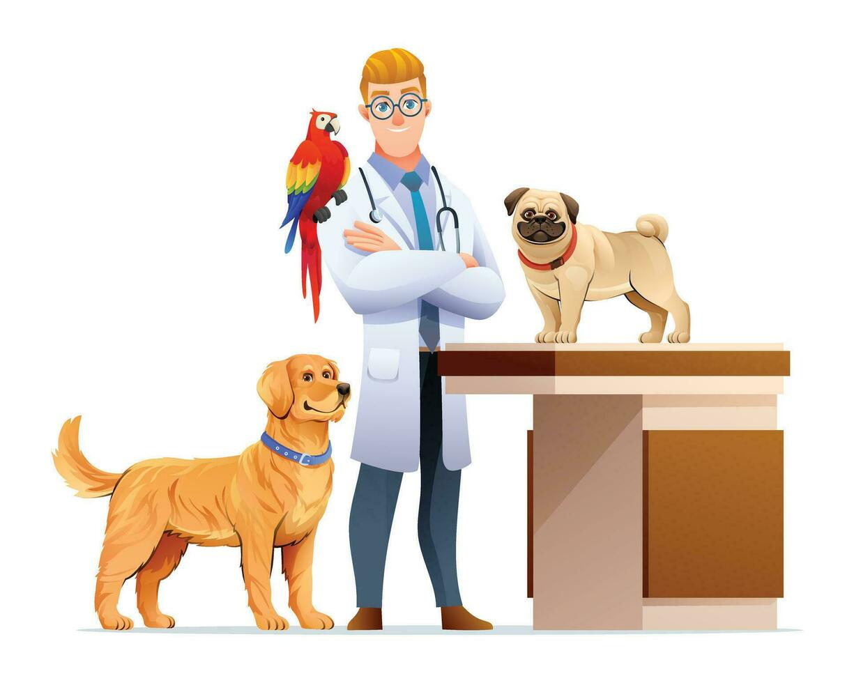 vétérinaire avec chiens et une perroquet oiseau dessin animé illustration vecteur