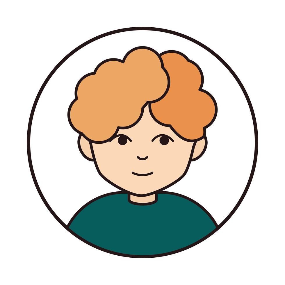 Icône de ligne ronde de personnage de dessin animé de cheveux bouclés de jeune garçon vecteur