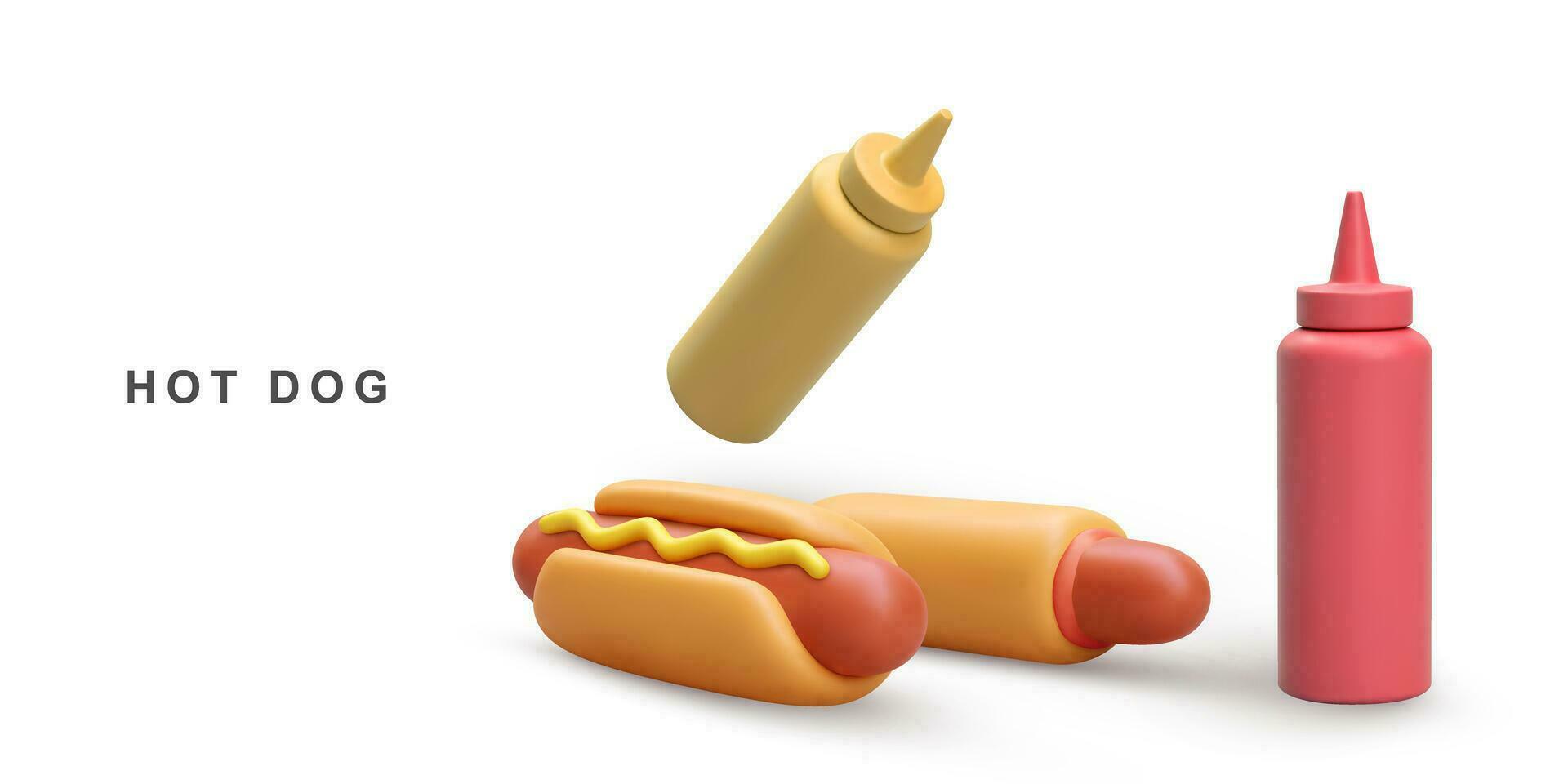 3d réaliste deux chaud chien et ketchup, moutarde ketchup. vecteur illustration.