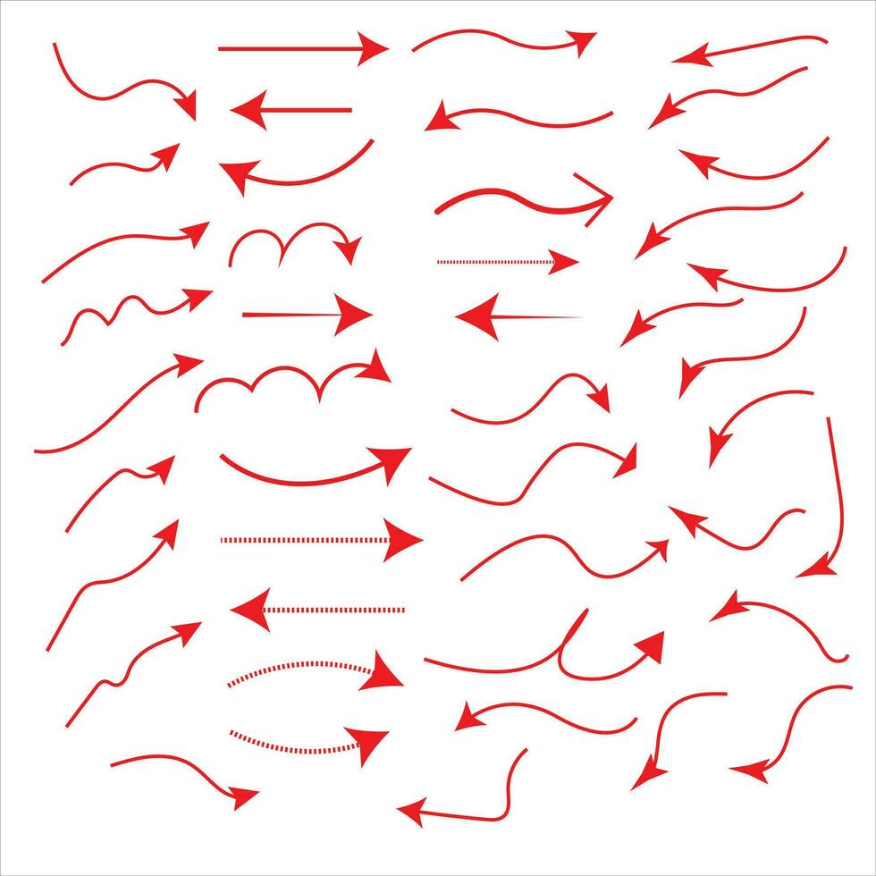 ensemble de flèches courbes vectorielles dessinées à la main. croquis de style de griffonnage. collection de pointeurs. vecteur