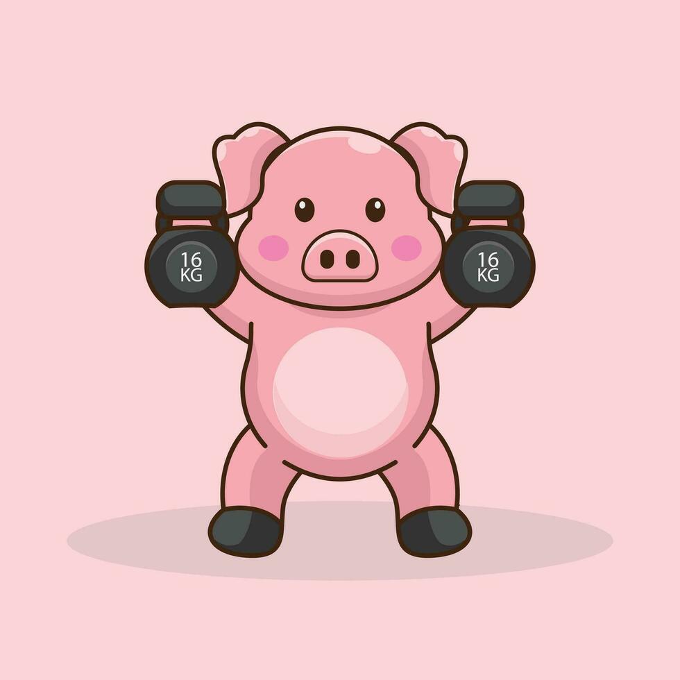 mignonne porc Gym copain levage une kettlebells vecteur