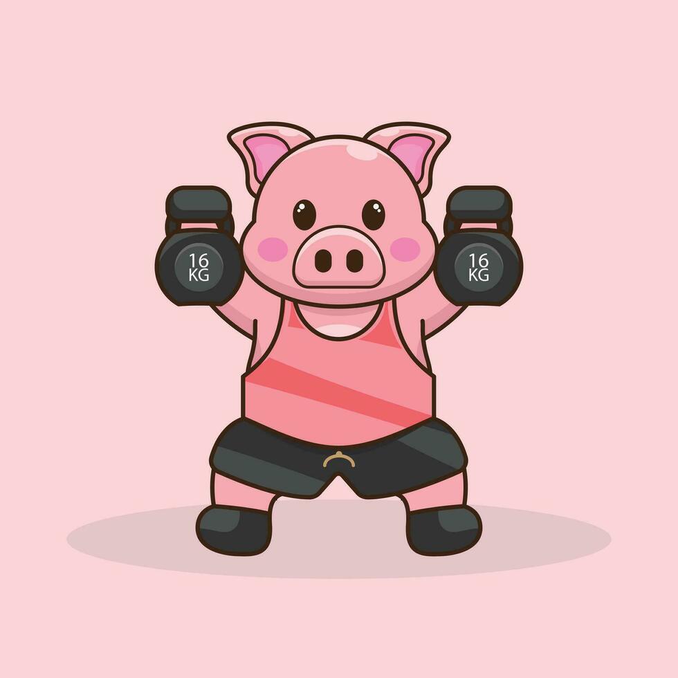 mignonne dessin animé porc sur une aptitude périple avec une kettlebells vecteur