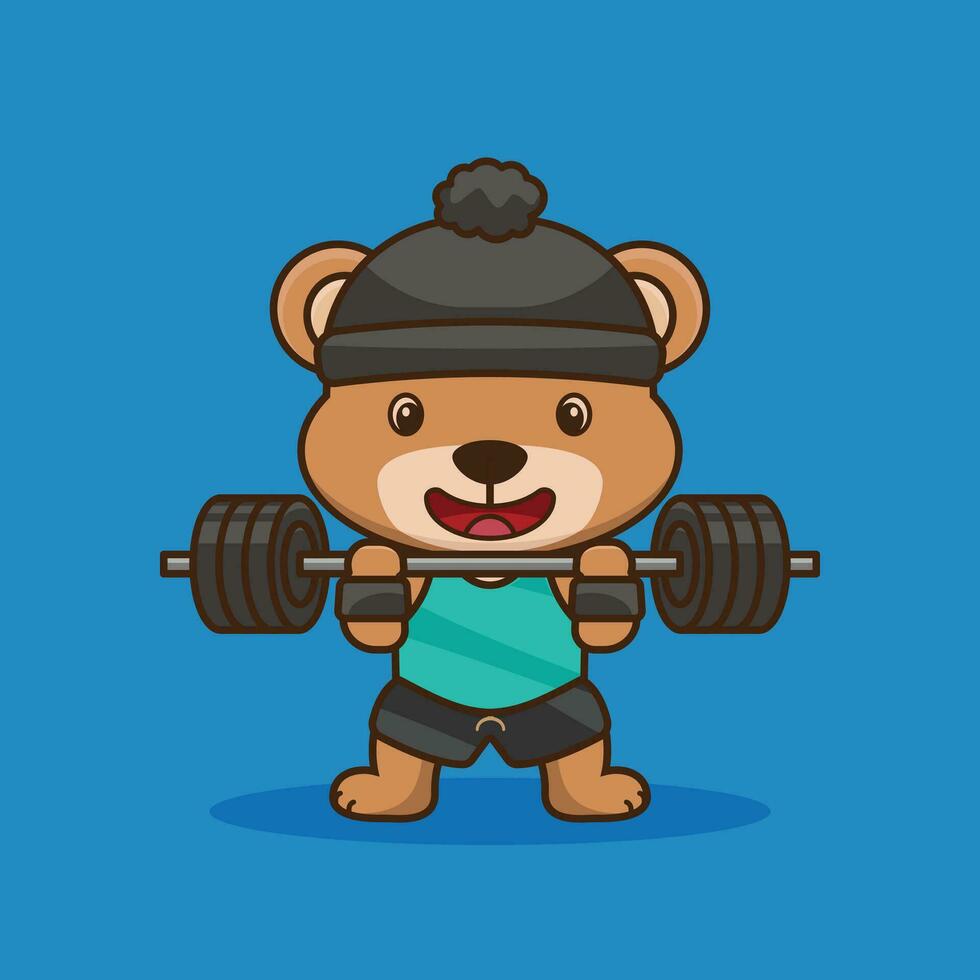 physique exercer, mignonne dessin animé ours levage une haltère. mignonne ours entraînement. Gym mascotte dessin animé style vecteur