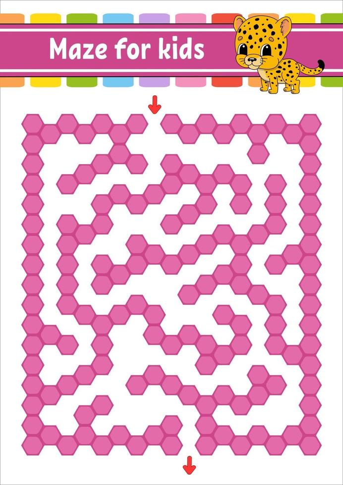 labyrinthe de couleur rectangulaire. jaguar tacheté. jeu pour les enfants. labyrinthe amusant. feuille de travail de développement de l'éducation. page d'activité. casse-tête pour les enfants. personnage de dessin animé. énigme logique. illustration vectorielle. vecteur