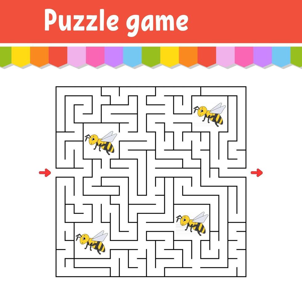 labyrinthe carré. jeu pour les enfants. puzzle d'abeille rayé pour les enfants. énigme du labyrinthe. illustration vectorielle de couleur. trouver le bon chemin. illustration vectorielle isolée. personnage de dessin animé. vecteur